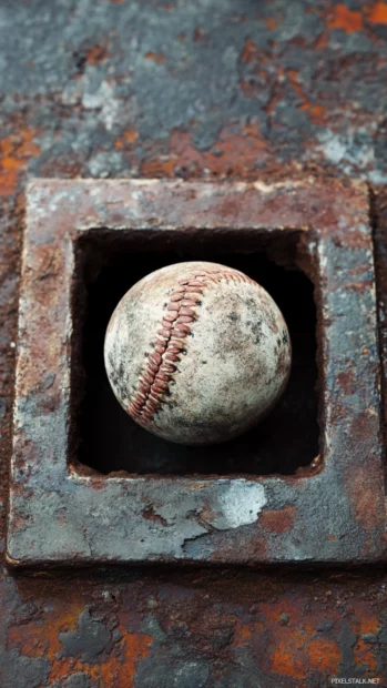 Scuffed ball centered on weathered home plate.