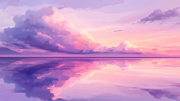 Serene Anime sky, pinkish hue reflects on calm ocean waters, gentle clouds under soft sunset.
