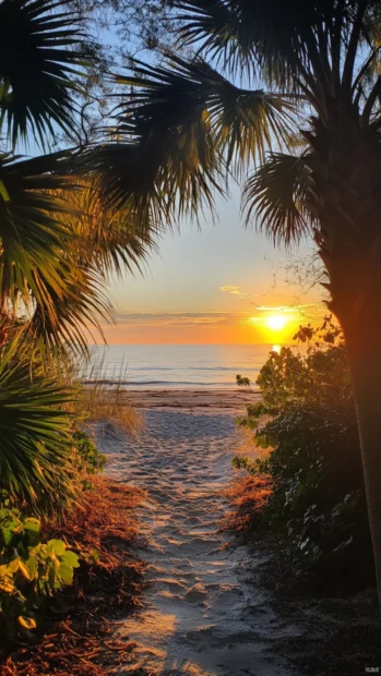Serene beachside framed by palm trees under sunrise.