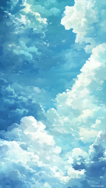 Serene blue sky with fluffy white clouds floating gently.