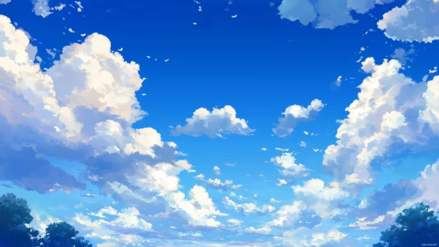 Serene blue sky with soft, fluffy white clouds scattered across.