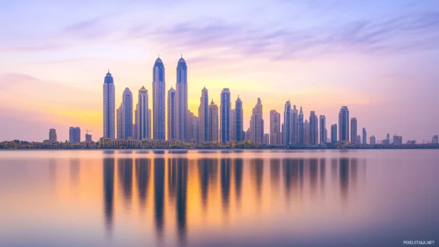 Serene coastal skyline, golden hour buildings, shimmering water reflection.