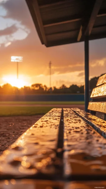 Serene dugout shadows during golden hour aesthetic baseball wallpaper.