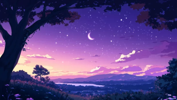 Serene evening sky with a crescent moon and twinkling stars visible above the horizon.