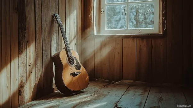 Serene image of an acoustic guitar leaning against a rustic wooden wall, with warm sunlight streaming through a nearby window.