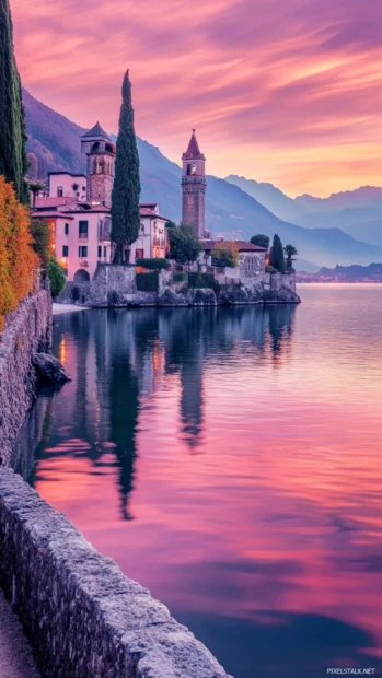 Serene lakeside reflection featured in a Sunrise Wallpapers for Android.