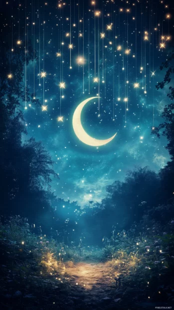 Serene night sky twinkling stars bright crescent moon deep indigo backdrop.
