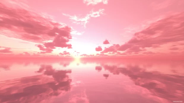 Serene pink dawn sky, pastel clouds scatter, reflect first light of day.