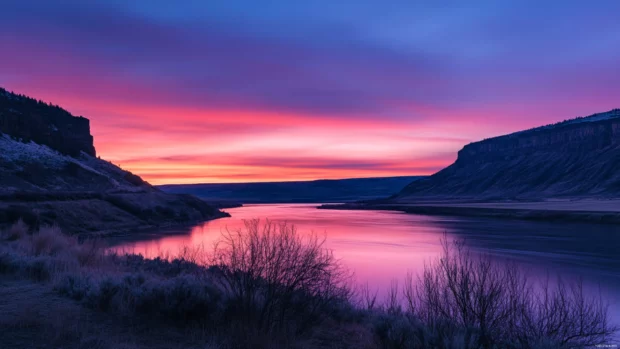 Serene riverbank landscape lit by morning hues in a Sunrise Wallpaper for Desktop.