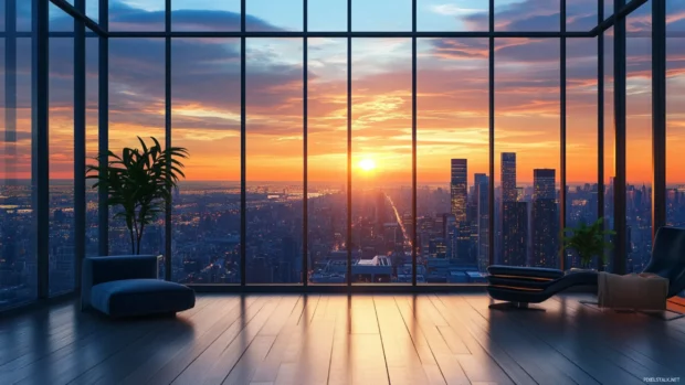 Serene sunrise wallpaper with city skyline and glowing windows.