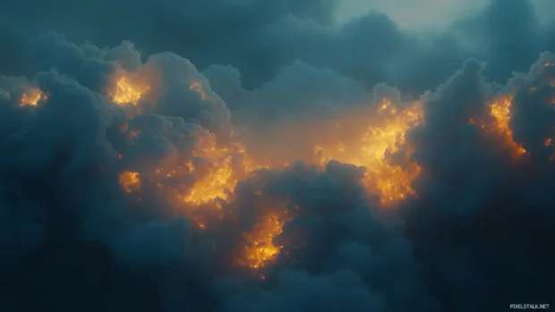 Setting sun lights cloudy evening sky golden light streams through gaps in clouds.