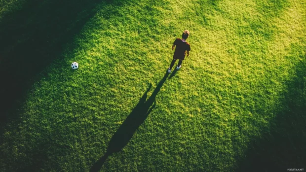 Shadow of player cast across field under bright light.