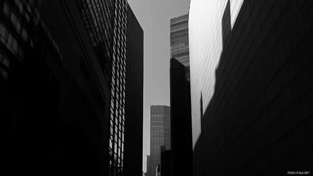 Shadows fall between skyscrapers in the Tokyo Cityscape.