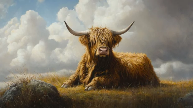 Shaggy Highland cow image lying on grassy hill under cloudy sky.
