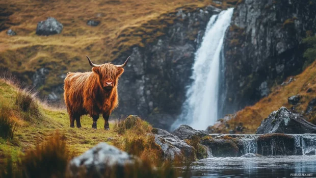 Shaggy Highland cow standing near a waterfall in rural Scotland.