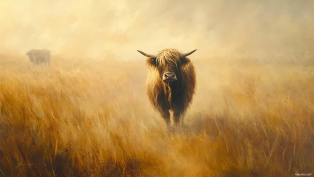 Shaggy Highland cow walking through wild grass in soft morning light.