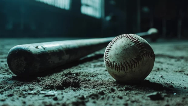 Sharp focus on a baseball lying beside a metal bat, Baseball game crowd wallpaper.