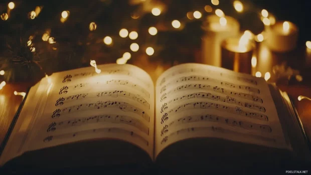 Sheet Music wallpaper HD for Desktop, Open music score with yellowed pages under warm lighting.