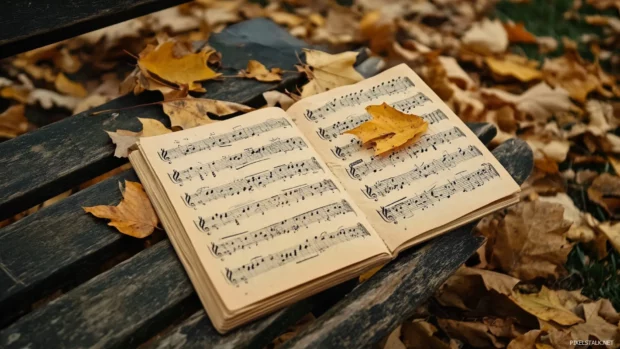 Sheet music among leaves on outdoor wooden bench.