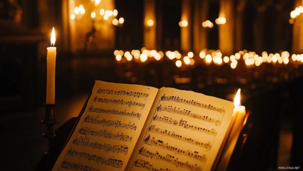 Sheet music clipped to stand in candlelit room.