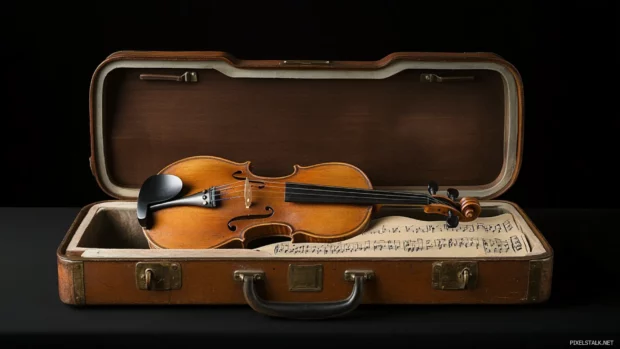 Sheet music draped gently over open violin case.