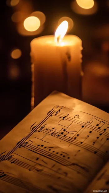 Sheet music gently lit by candlelight and shadow.
