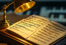 Sheet music lit by golden desk lamp in late evening.