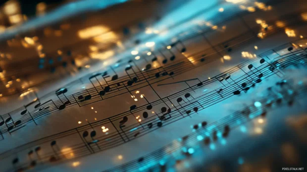 Sheet music overlaid with projected moving notes.