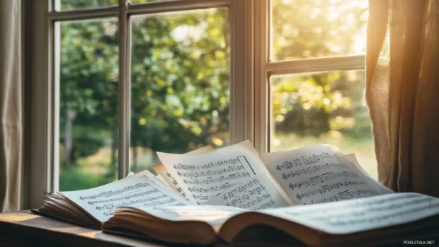Sheet music pages fluttering in wind near open window.