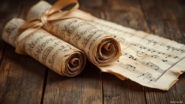 Sheet music rolled into a scroll with ribbon wrap.