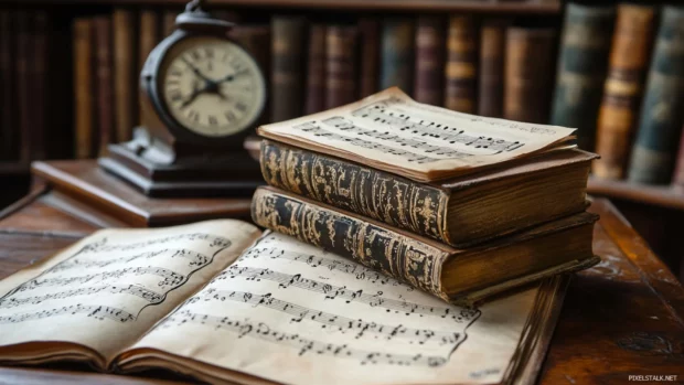 Sheet music stacked next to classical metronome.