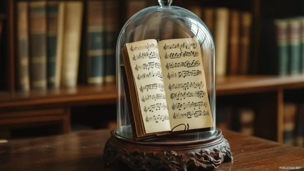 Sheet music under glass dome on decorative pedestal.