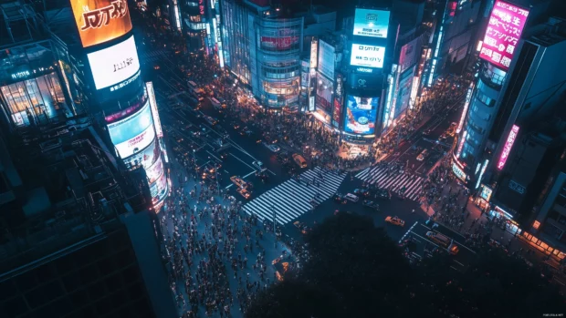 Shibuya Crossing seen from above, with bustling crowds, glowing signs, and energetic city lights.