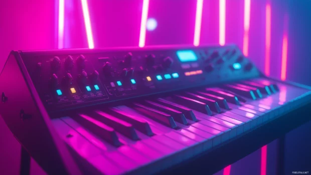 Shot of a classic synthesizer keyboard with glowing buttons and knobs, surrounded by futuristic neon lights in a studio setting.
