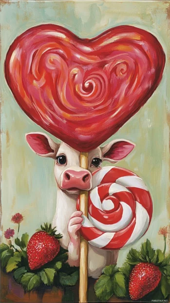Shy Strawberry Cow hiding behind a large heart shaped lollipop.