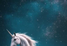 Side unicorn figure floating in gradient blue void.