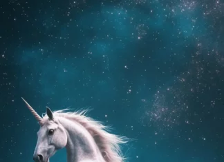 Side unicorn figure floating in gradient blue void.