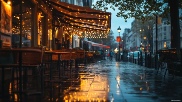 Sidewalk cafs reflecting soft warm lights during evening rain.