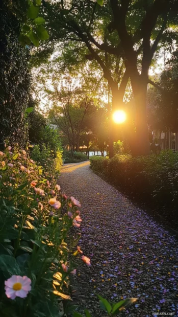 Silence lingers as sunrise emerges over flower lined paths.