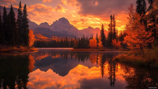 Silent dawn emerges with clouds soaked in hues of fire and gold.