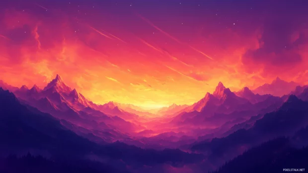 Silhouette distant mountains contrasted against dramatic evening sky streaks of orange and pink.