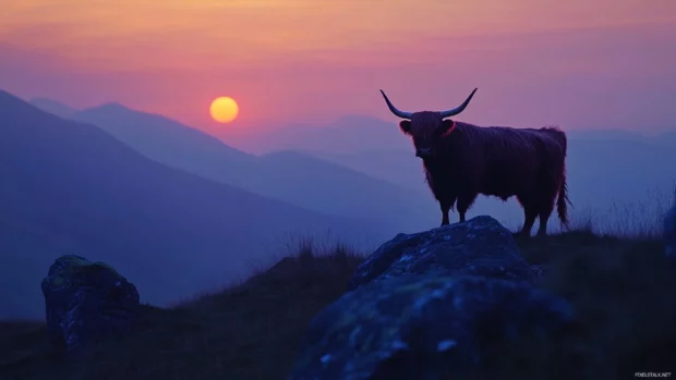 Silhouette of Highland cow on ridge at dusk.