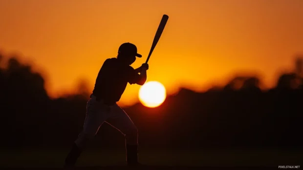Silhouette of a baseball batter at sunrise.