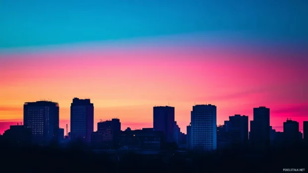 Silhouette of a modern city skyline at sunset, soft gradient sky.