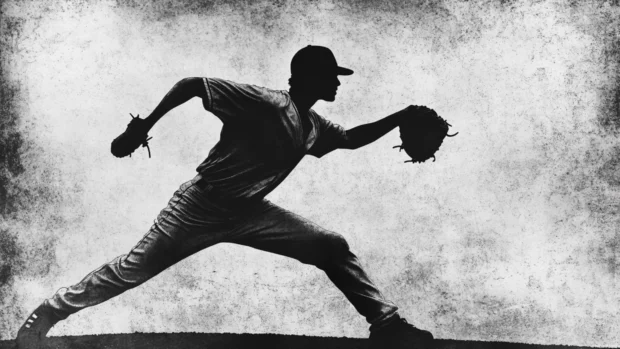 Silhouette of a pitcher mid throw with gritty black and white texture rendered in Old school baseball wallpaper in black and white.
