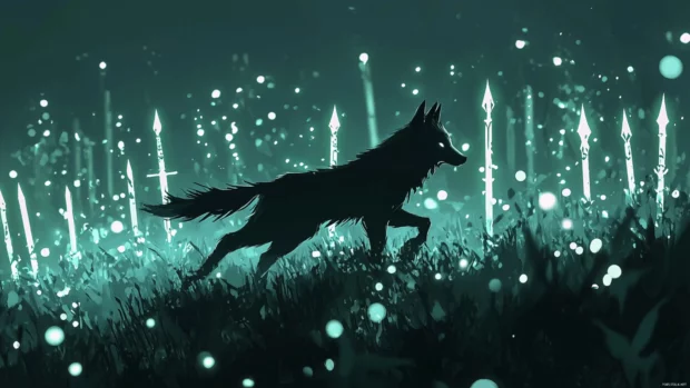 Silhouette of a wolf running through a field of glowing swords.