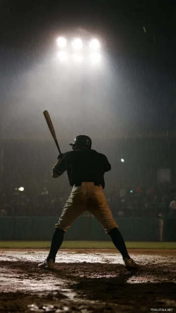 Silhouette of batter under floodlights on game night.