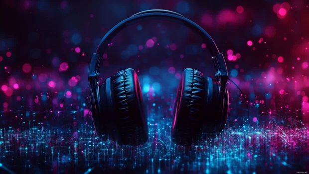 Silhouette of headphones over abstract audio bars in ultra detail with visual energy inspired by 4K aesthetic music wallpaper.