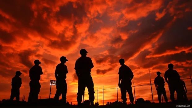 Silhouette of outfielders waiting under a burning sky.