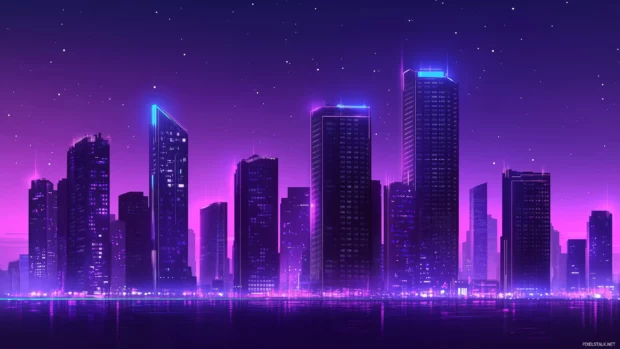 Silhouetted Cyberpunk city with neon touches and bright skyscrapers standing out against a dark background.